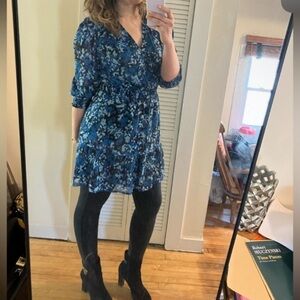 Aqua Blue Black Floral Long Sleeve Tiered Mini Dress